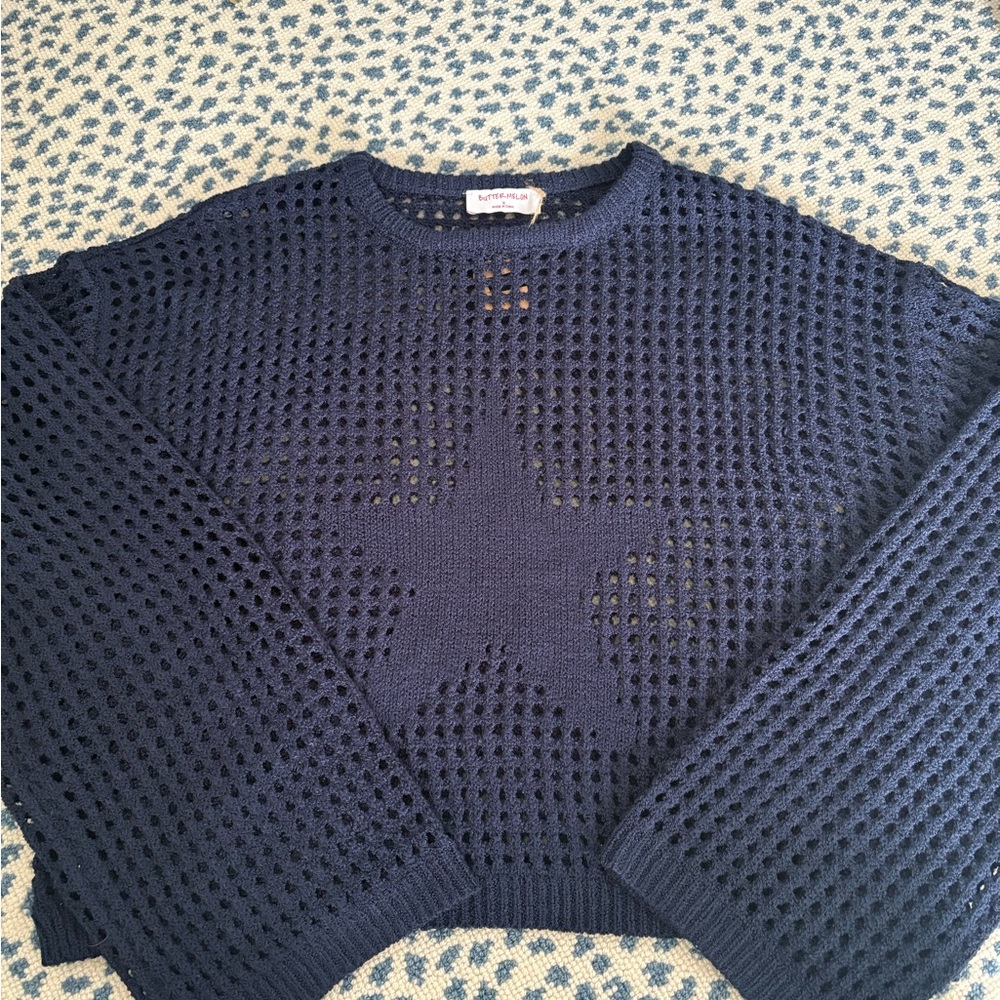 NWT Crochet Navy Star Sweater